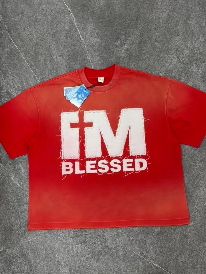 NOISSEY IM BLESSED Orange-Red Gradient Faux-Patch Heavyweight Cotton Blend Boxy Short Sleeve T-Shirt