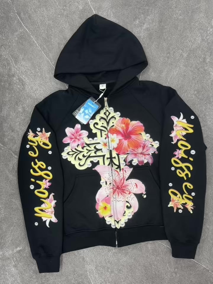 NOISSEY Floral Cross Graphic Full-Zip Hoodie - Jet Black