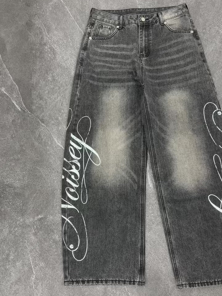 NOISSEY Cursive Script Distressed Graphic Black-Grey Washed Banana Baggy Jeans