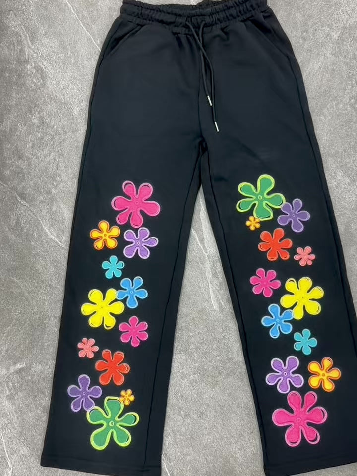 NOISSEY Colorful Floral Graffiti Heavyweight Drawstring Casual Pants