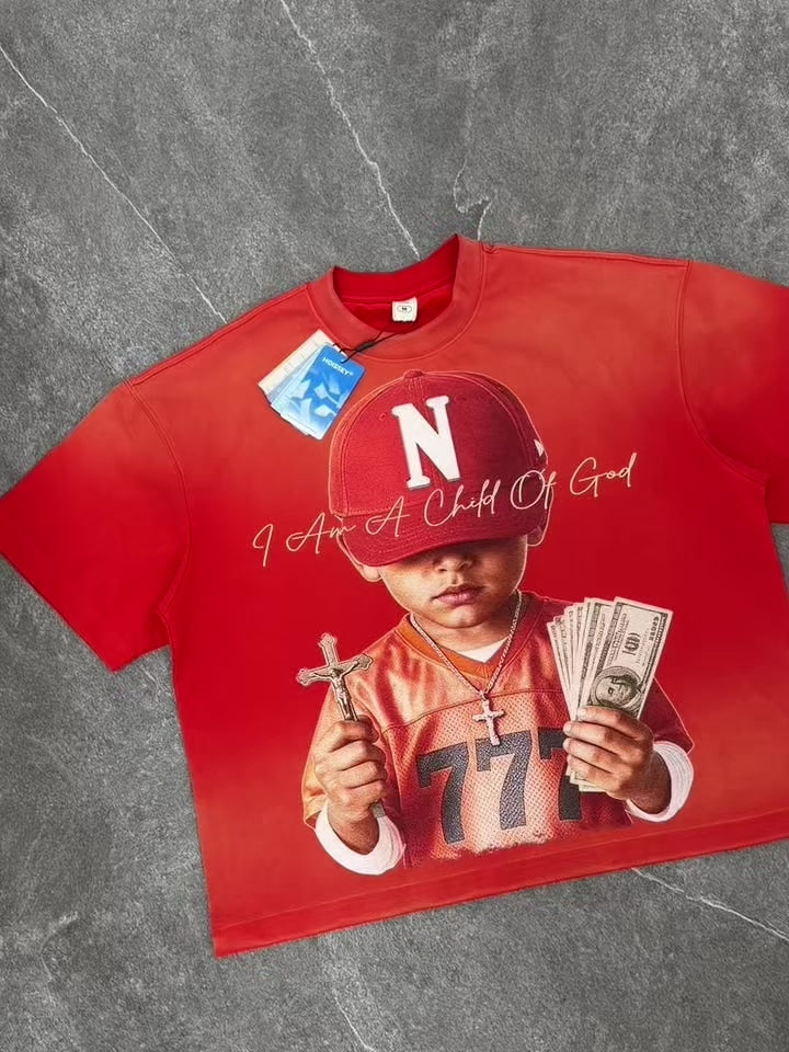 NOISSEY "I Am A Child Of God" Red Cap Kid Faith Graphic Orange-Red Gradient T-Shirt