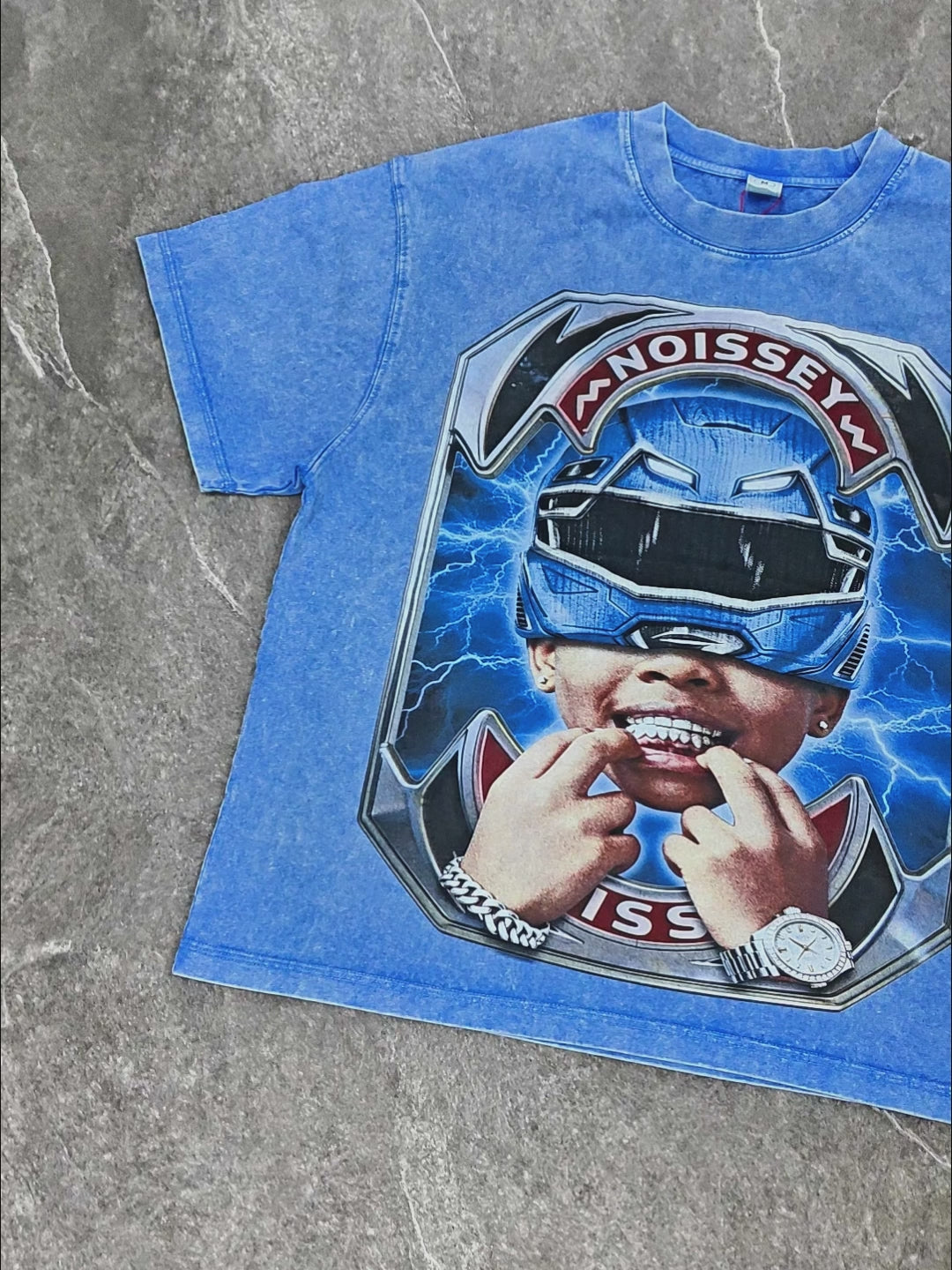 NOISSEY "Blue Ranger" Tactical Helmet & Grillz Kid Emblem Washed Blue Short-Sleeve Tee