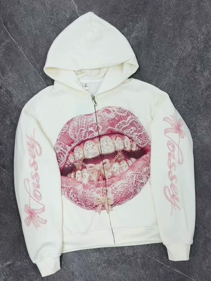 NOISSEY Pink Lace & Bow Grillz Lips Graphic Zip-Up Hoodie - White Y2K Streetwear Hoodie
