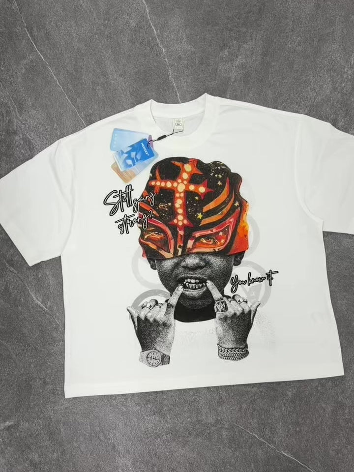 NOISSEY Lucha Mask Kid Gold Grillz Boxy Graphic Tee - White Streetwear Shirt