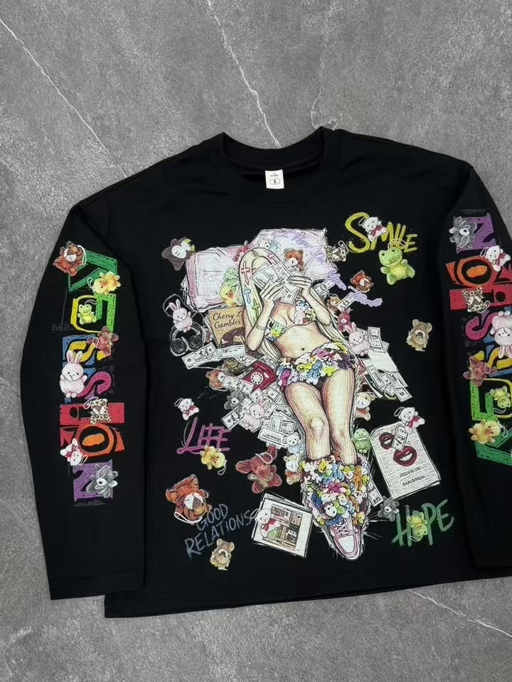 NOISSEY Crayon Graffiti Plush Girl Graphic Sweatshirt - Black & White Streetwear Crewneck