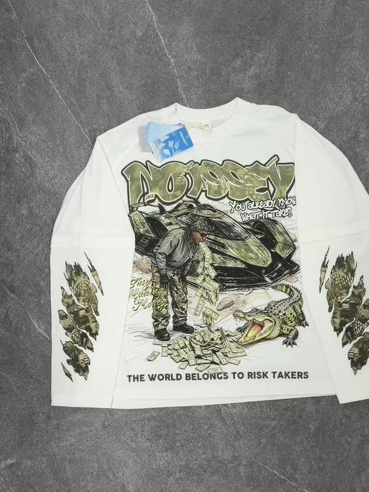 NOISSEY Camo Supercar Alligator Money Faux Layer Sweatshirt - White Streetwear