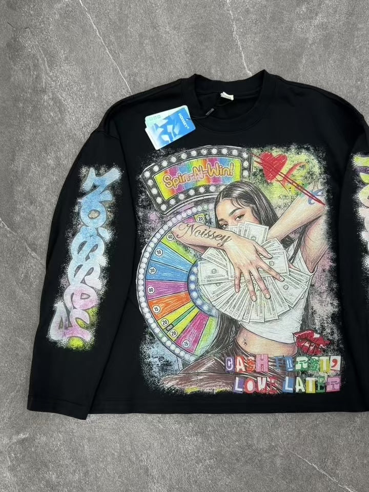 NOISSEY Langarm-Sweatshirt mit Glücksrad und Frauenporträt mit Dollar-Motiv – zwei Farben