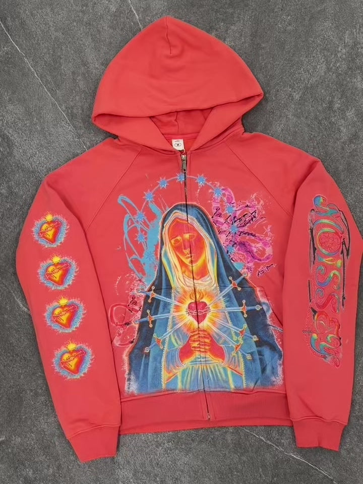 NOISSEY Thermal Mater Dolorosa Sacred Heart Zip-Up Hoodie - Dynamic Orange