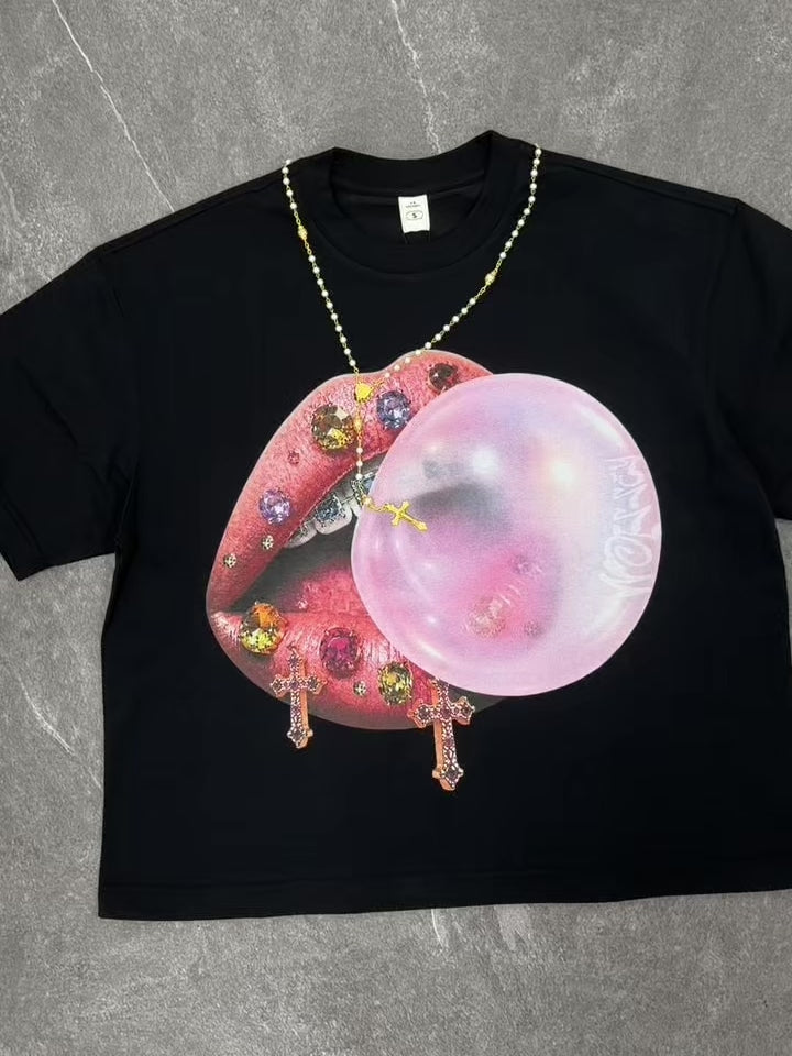 NOISSEY Jeweled Lips Bubblegum Boxy Graphic Tee - Y2K Punk Streetwear Shirt