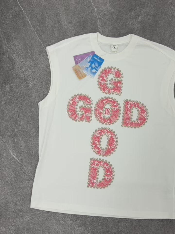 NOISSEY GOD IS GOOD! Lace Pearl Edge Print Tank Top