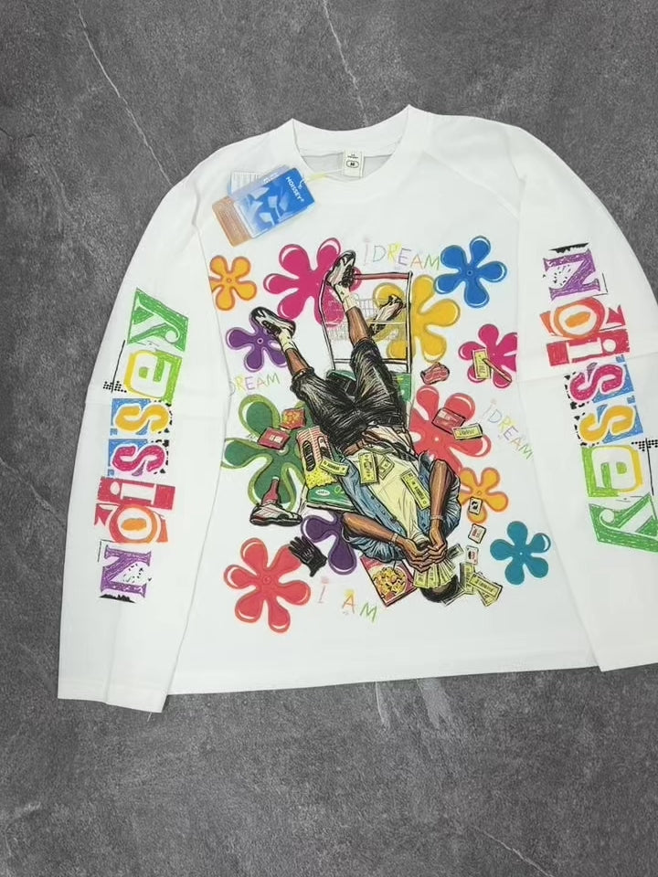 NOISSEY IDREAM Graffiti Dreamer Fake-Two-Piece Heavyweight Long Sleeve Tee - White Streetwear Long Sleeves