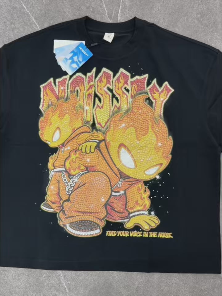 NOISSEY "FLAME TWINS" FULL-RHINESTONE OVERSIZED ART TEE