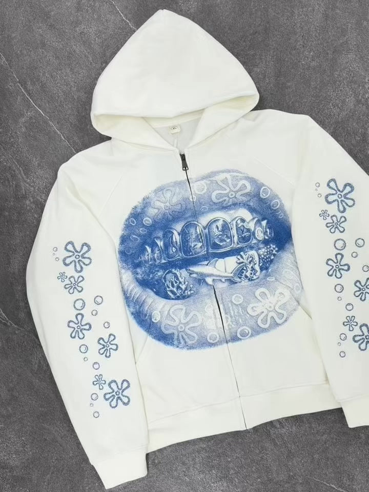 NOISSEY Oceanic Blues Lips & Ocean Grillz Graphic Zip-Up White Hoodie
