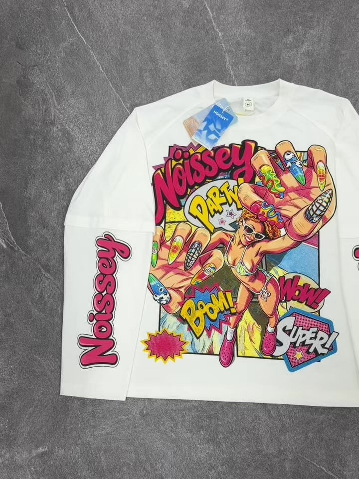 T-shirt NOISSEY a maniche lunghe con ragazza festaiola e nail art in stile pop art, effetto sovrapposto - Bianco puro