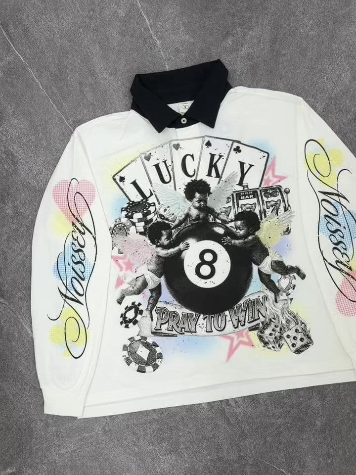 NOISSEY "Pray to Win" Three Angels & Lucky 8-Ball Graphic Polo Shirt