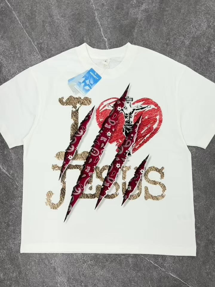 NOISSEY I LOVE JESUS Red Paisley Claw Slash Graphic T-Shirt - White Oversized Streetwear Tee