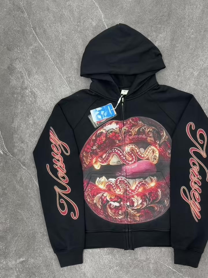 NOISSEY Baroque Diamond Lips Heavyweight Full-Zip Hoodie Black