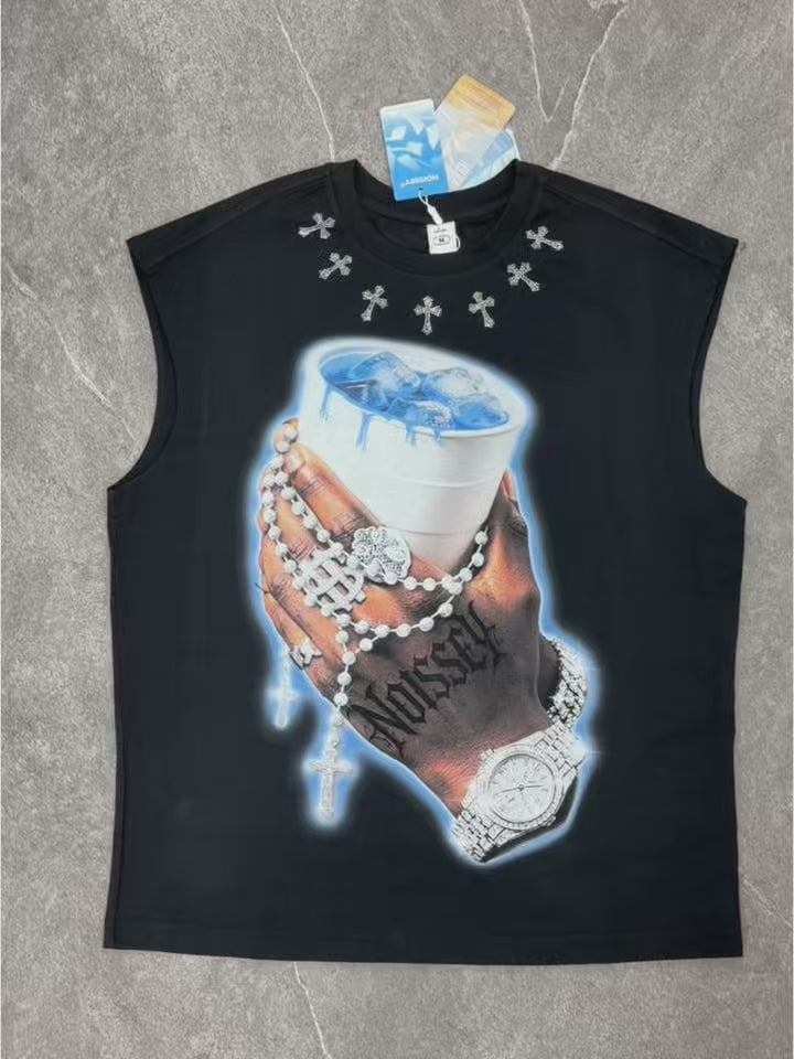 NOISSEY "Lean Blessing" Black Vest - Diamond Rhinestone Graphic