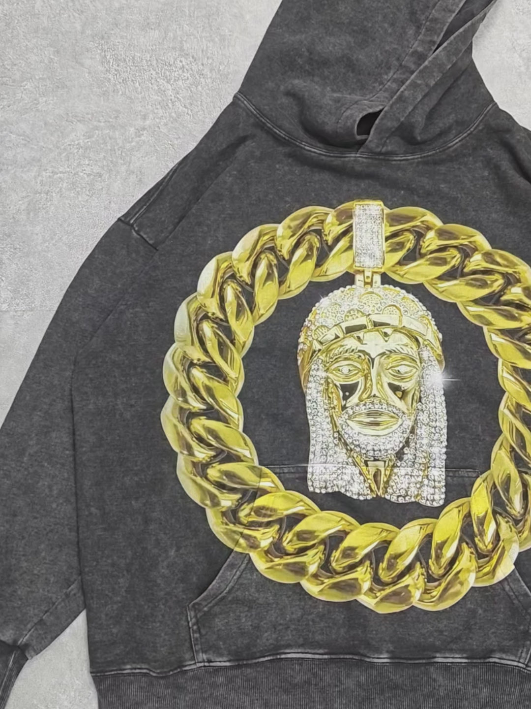 Gold Necklace Diamond Jesus Graphic 350g Black Washed Hoodie