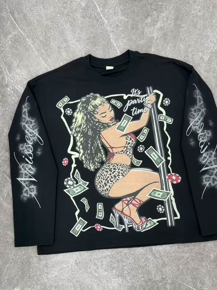 NOISSEY Leopard Pole Dancer Money Chips Graphic Long Sleeves - Black