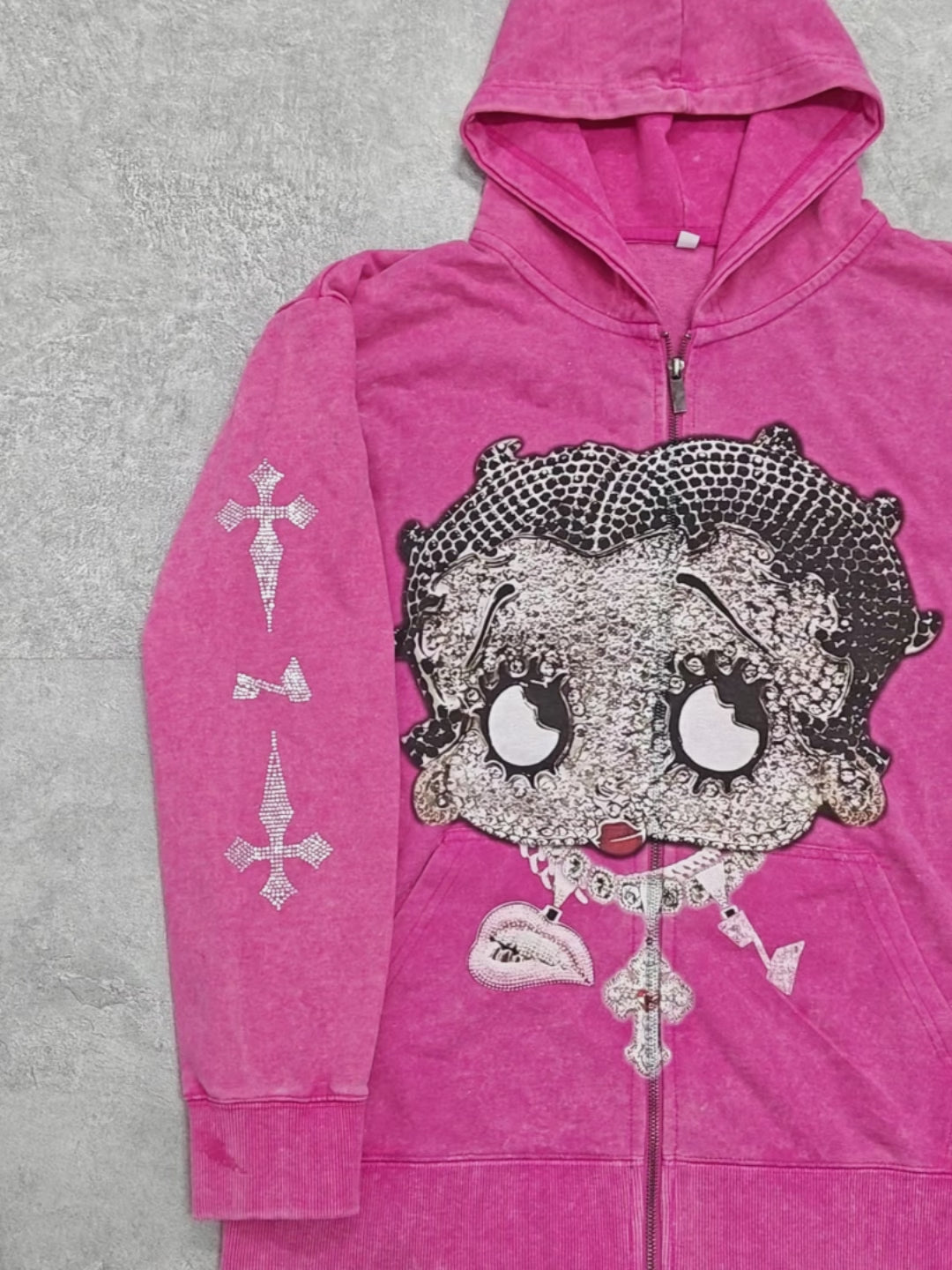 Black & White Diamond Betty 370g Pink Washed zip-up hoodie