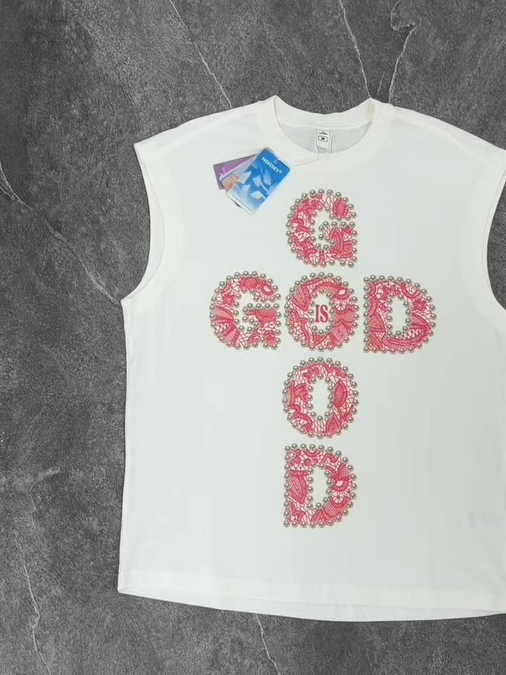 NOISSEY GOD IS GOOD! Lace Pearl Edge Print Tank Top