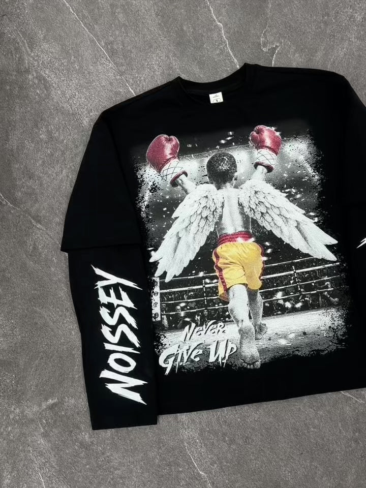 NOISSEY "Never Give Up" Boxing Angel Kid Faux Layer Black Long Sleeve Tee