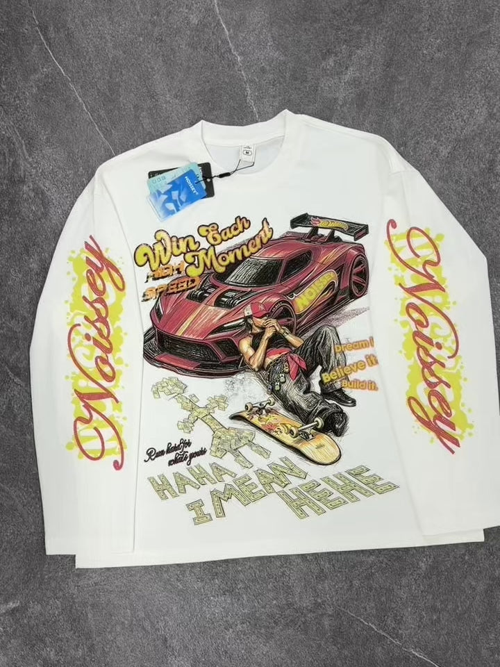 NOISSEY Red Supercar Skater Graphic Crewneck Long Sleeves- White / Black Streetwear