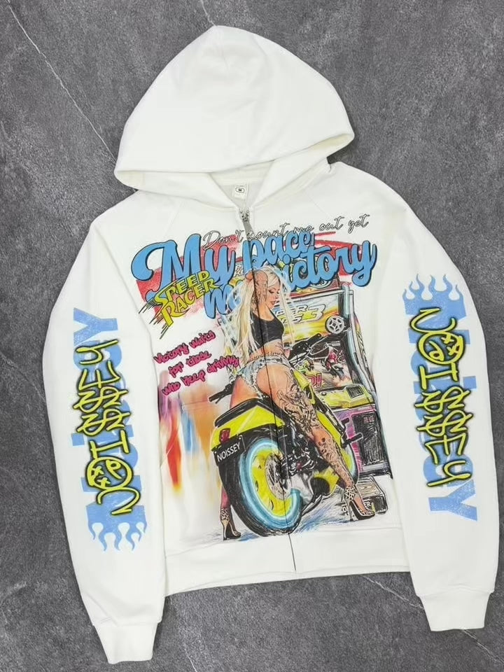 NOISSEY Speed Racer Girl Graffiti Zip-Up Hoodie - Pure White