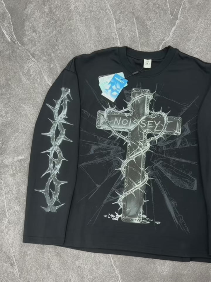 NOISSEY "Glass Cross" Heavyweight Long Sleeve - Cyber Gothic Black