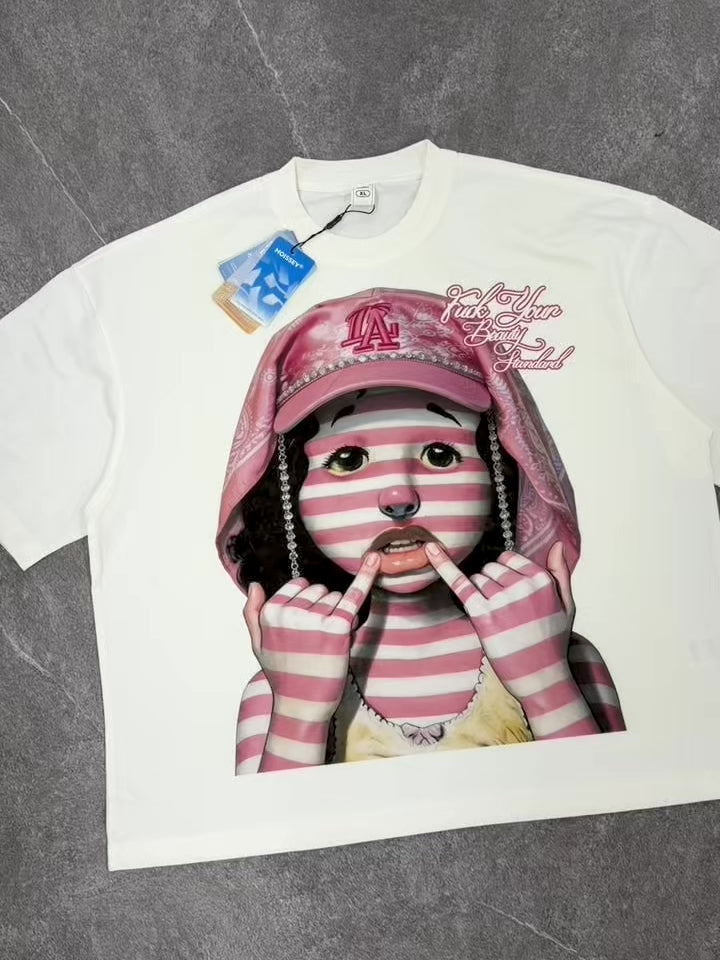 NOISSEY Beauty Standard Pink Striped Doll Graphic Boxy Tee - Streetwear T-Shirt