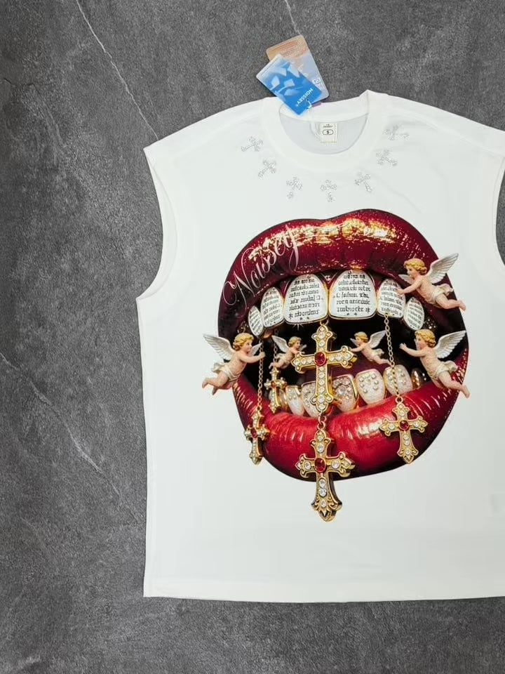 NOISSEY "DIVINE KISS" ANGELIC CROSS ICED OUT RED LIPS GRAPHIC TANK TOP