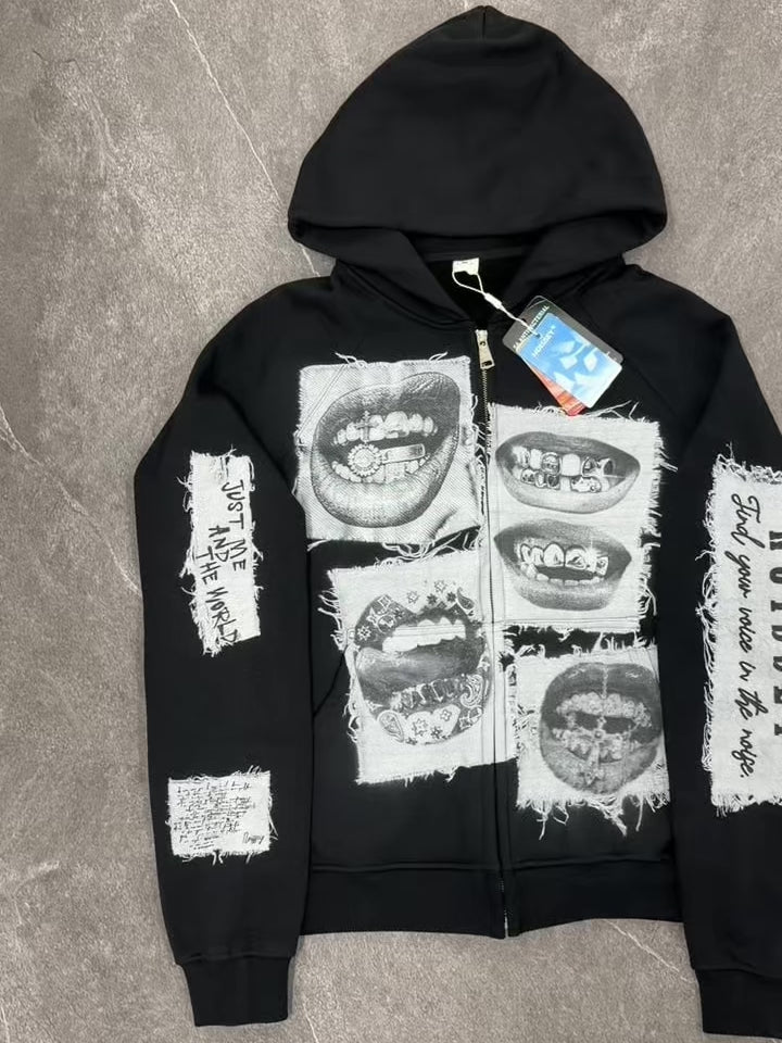 Sudadera NOISSEY con capucha y cremallera completa, con patchwork falso de grillz de diamantes en blanco y negro y bordes sin rematar - Negro clásico