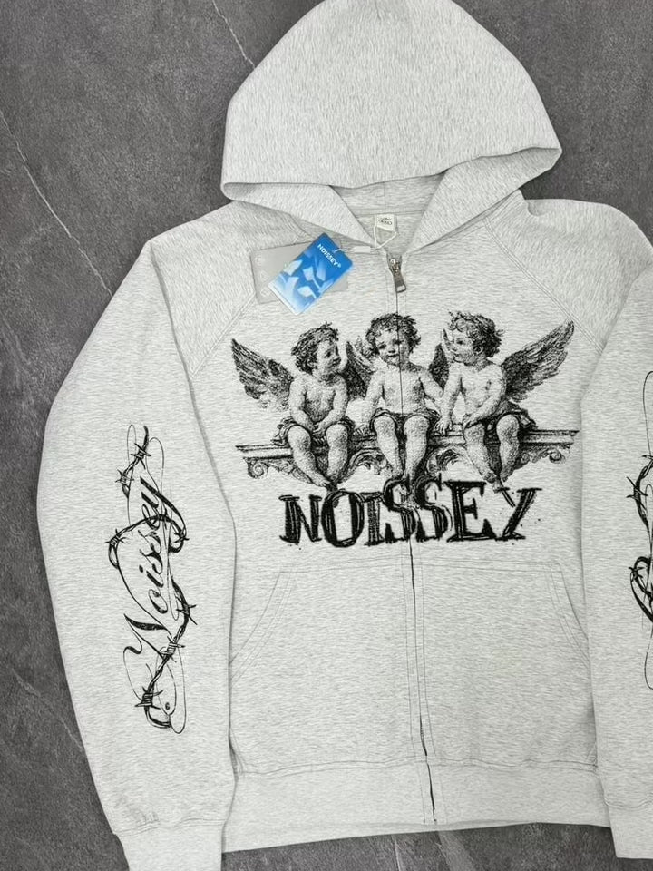 NOISSEY "Angel Religion" Vintage Grey Full-Zip Hoodie