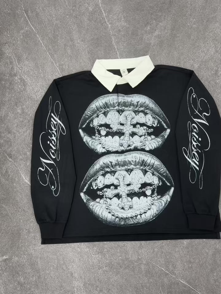 NOISSEY Silver Metallic Lips & Chrome Cross Graphic Heavyweight Contrast Collar Polo Long Sleeves