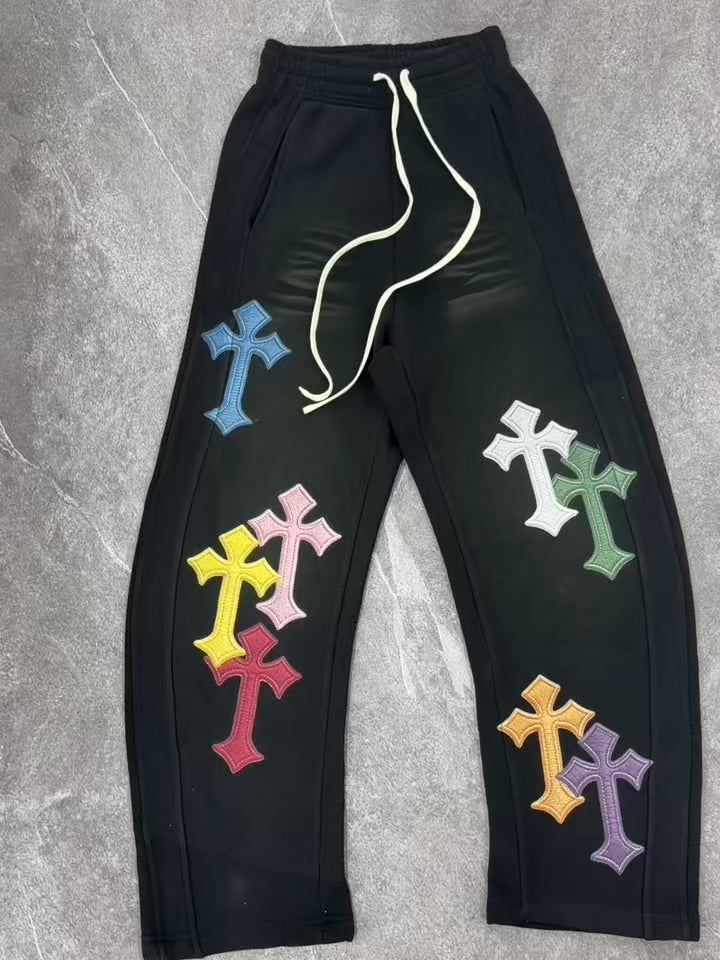 NOISSEY "Multi-Color Faux-Embroidery Cross" Curved Long Pants