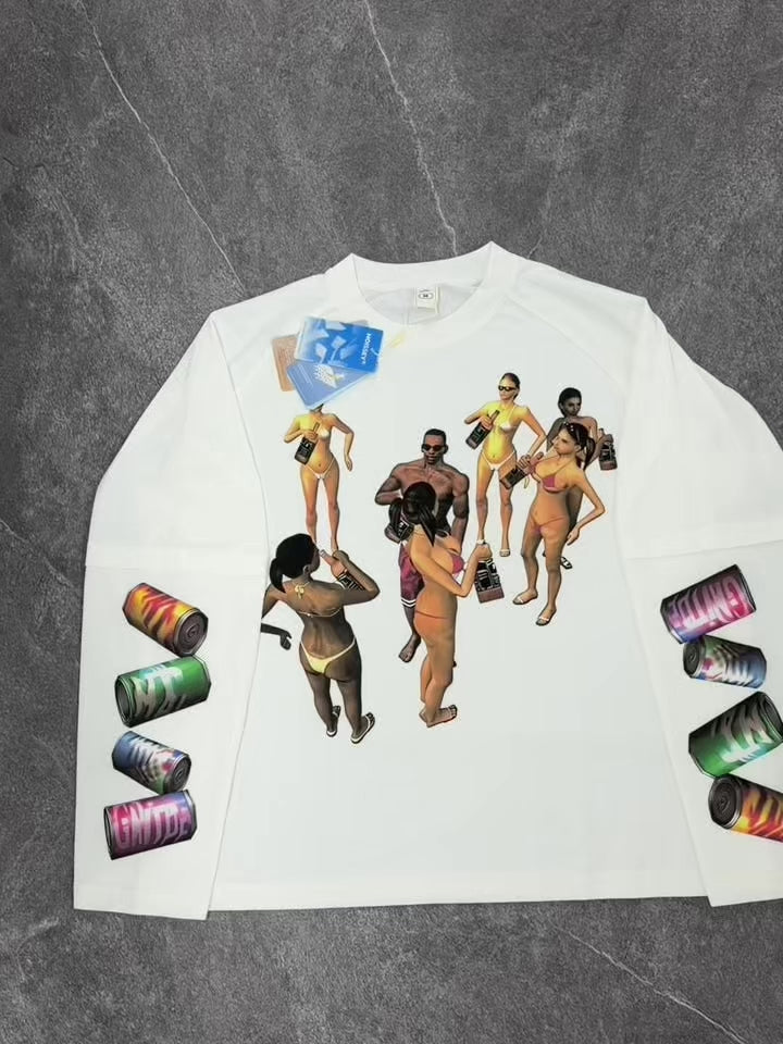 NOISSEY Pool Party Retro Gaming Fake-Two-Piece Heavyweight Long Sleeve Tee - White