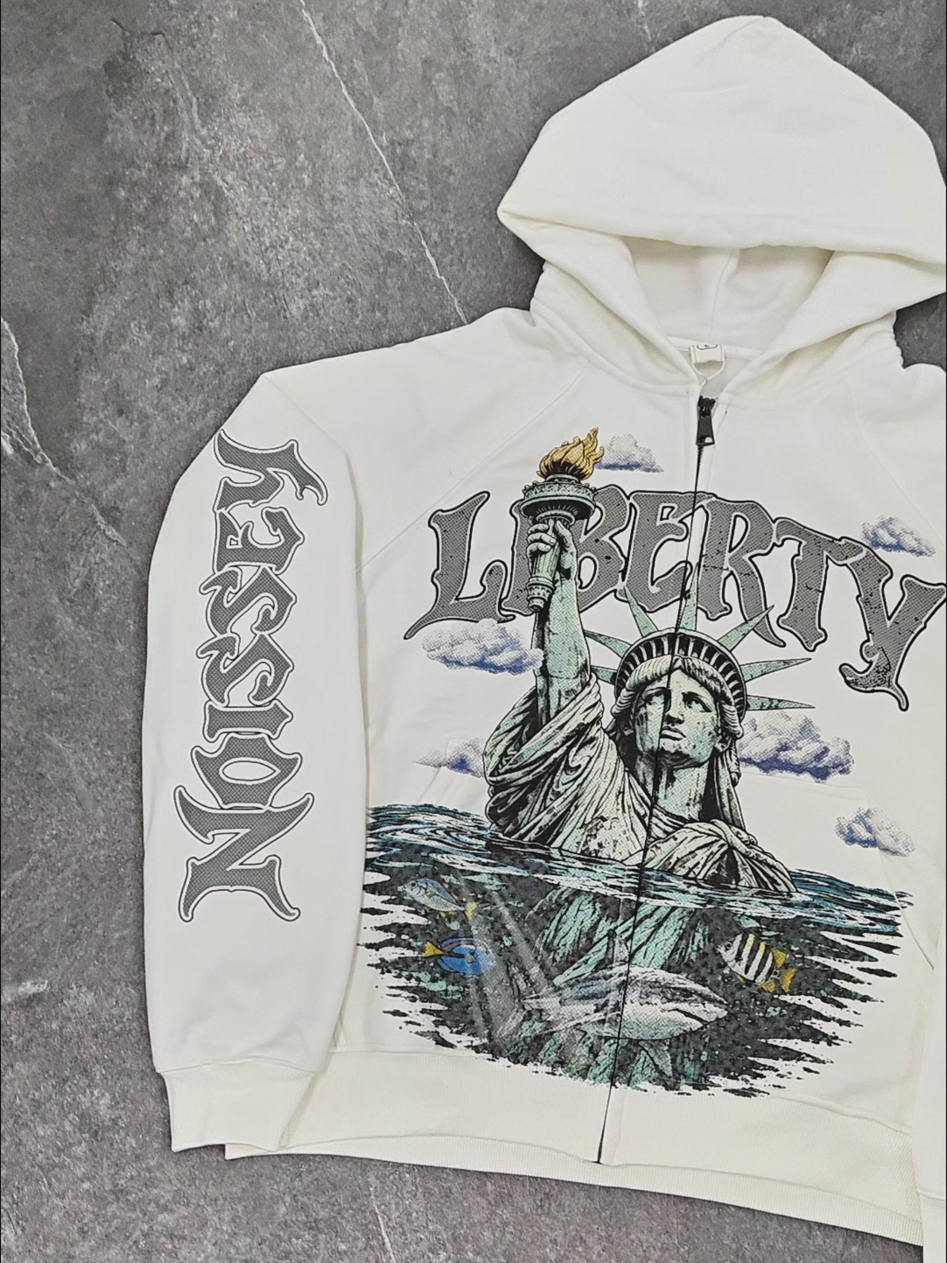 NOISSEY "Liberty" Statue of Liberty & Fish White Zip-Up Hoodie