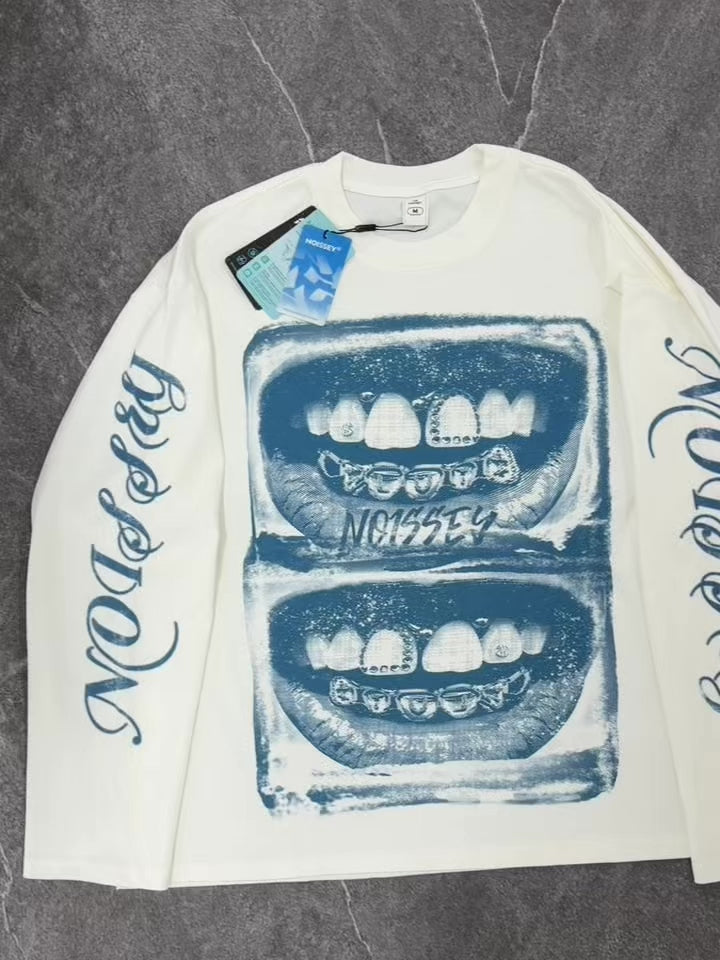 NOISSEY "Archival Grillz" Screen-Print Crewneck - Clean White 250G Heavyweight Oversized Long Sleeve