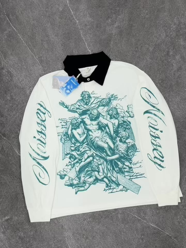 NOISSEY Vintage Engraving Angel &amp; Redemption Jesus Contrast Collar Polo Long Sleeves - White Streetwear Shirt