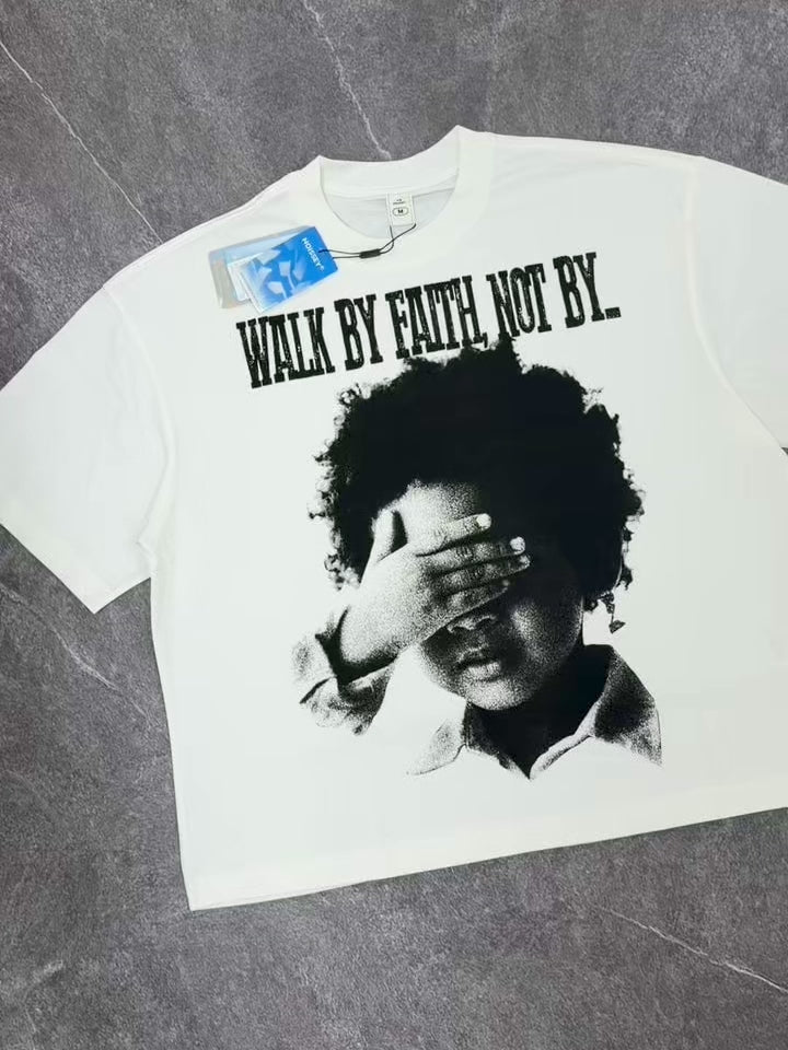 NOISSEY "Walk By Faith" Boxy Heavyweight Vintage Portrait Tee - Cloud White