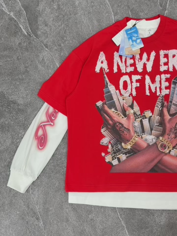 NOISSEY "A New Era Of Me" Double-Sleeve Graphic Sweatshirt - Crimson Red