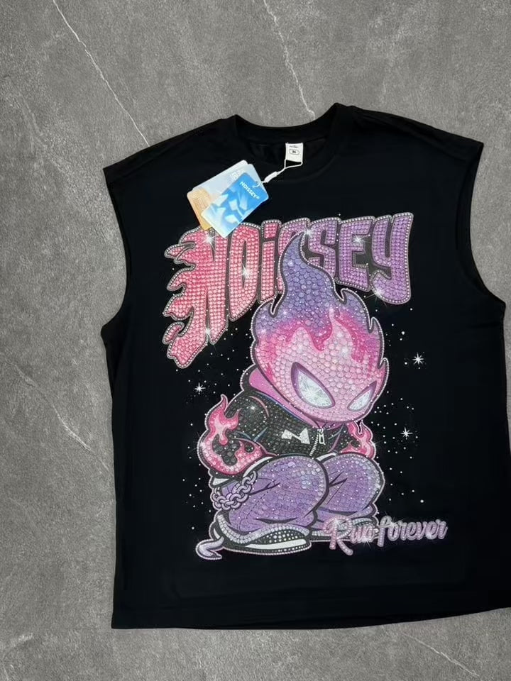 Camiseta de tirantes NOISSEY Run Forever con personaje de llamas cubierto de pedrería - Negro fantasma
