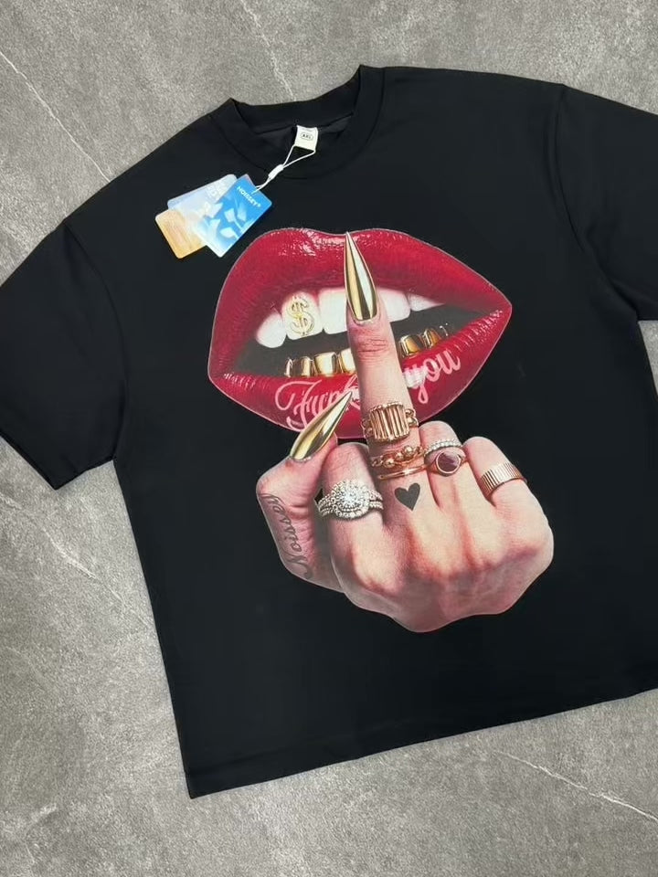 NOISSEY "Attitude & Gold Grillz" Red Lips & Stiletto Nails Graphic Black Oversized T-Shirt