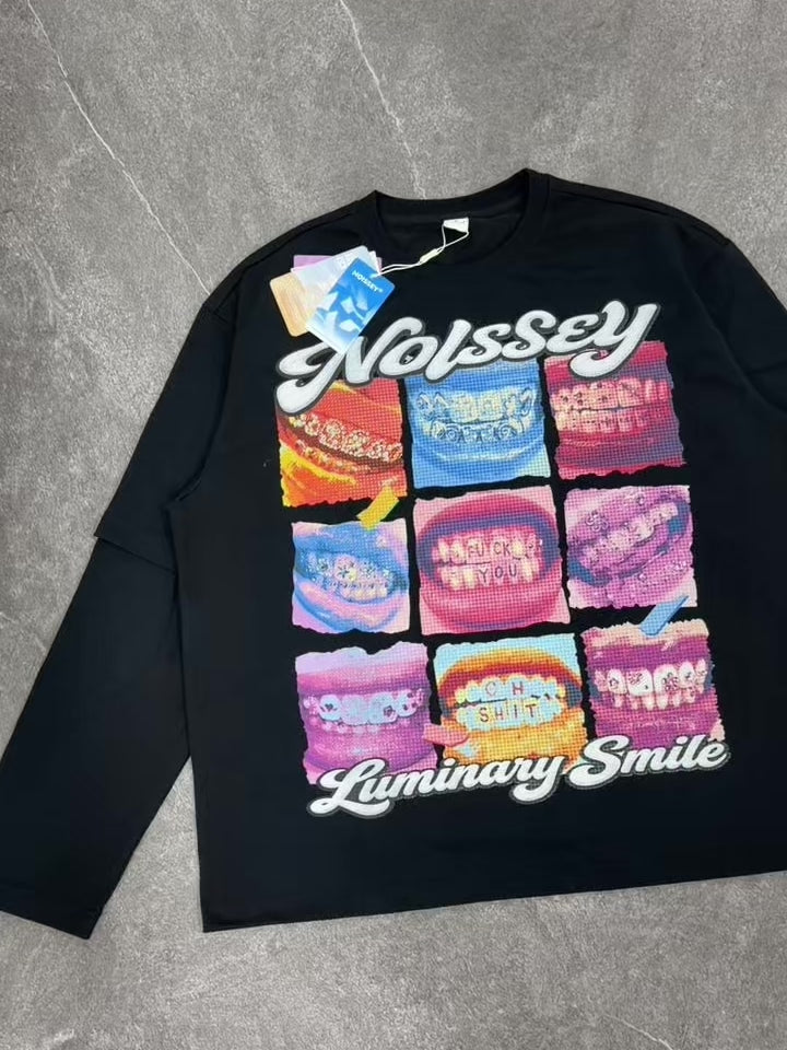 NOISSEY "Luminary Smile" Pop Art Nine-Grid Rhinestone Teeth Faux Layer Long Sleeve - black