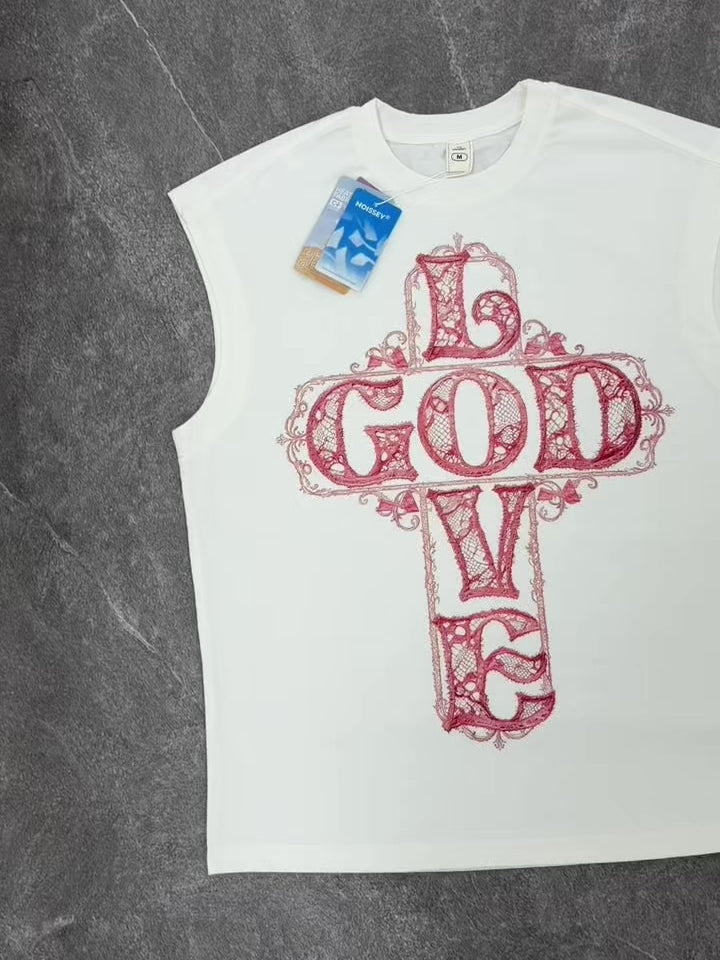 NOISSEY Pink Lace Cross "GOD IS LOVE" Graphic Oversized Tank Top - Pure White