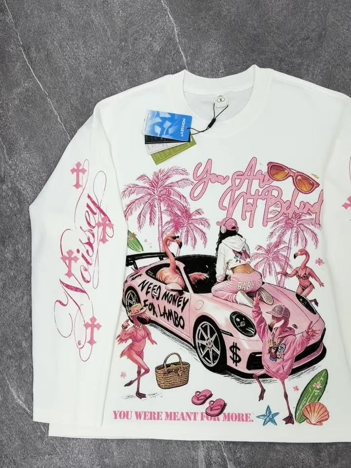 NOISSEY Pink Supercar Flamingo Resort Vibe White Long Sleeve Shirt
