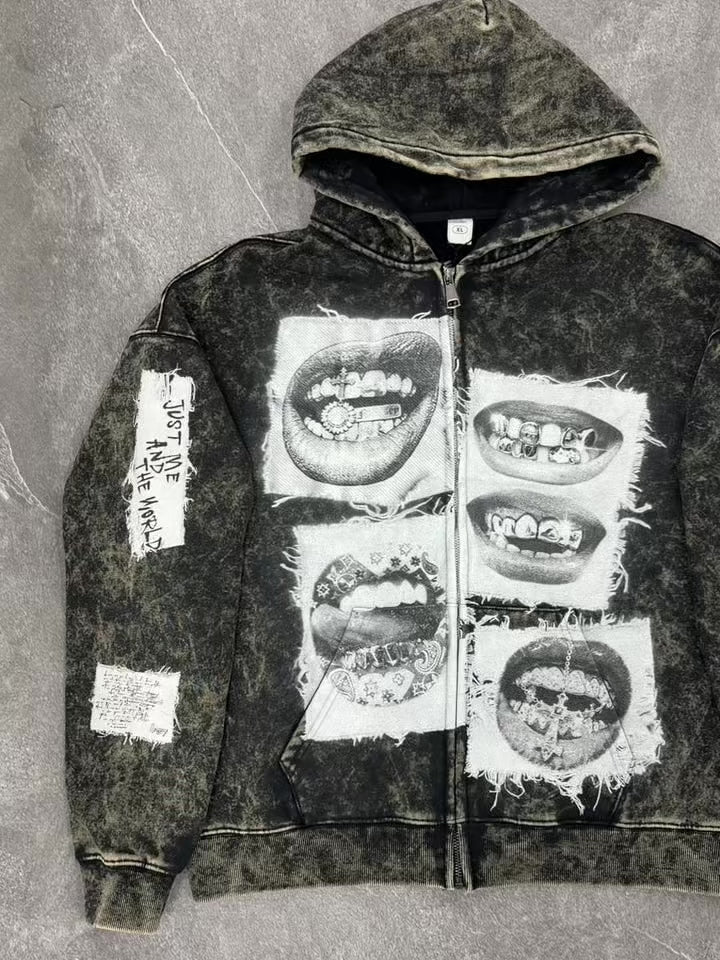 NOISSEY Washed Vintage Faux-Patchwork Diamond Grillz Lips Zip-Up Hoodie - Washed Black