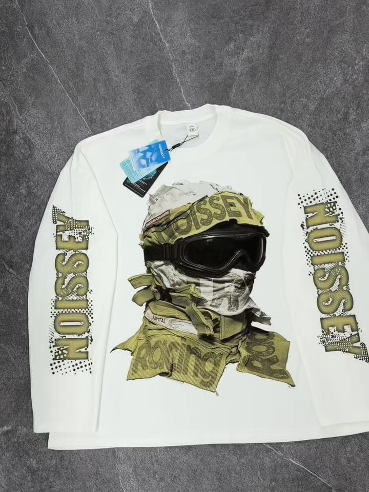 NOISSEY Masked Figure Goggles Graphic Long Sleeve Sweatshirt - White Tactical Streetwear Pullover