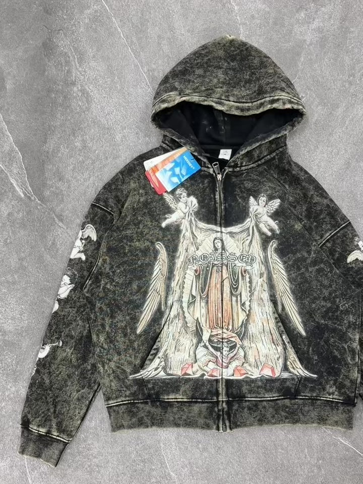 NOISSEY Vintage Washed Virgin Mary & Angels Graphic Boxy Zip-Up Hoodie - Acid Wash Black